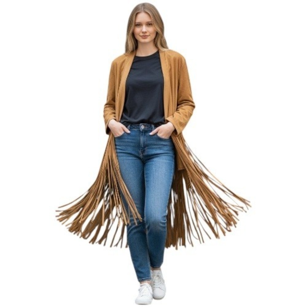 Goldspark Tan Faux Suede Long Fringe Open Front Jacket Top Western Festival - M